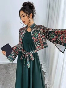 Yasmyna 女式前系带长袖印花休闲夹克和迷你连衣裙阿拉伯服装套装 - 綠色 - 查看 6