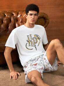 HARRY POTTER X SHEIN 男士夏季字母和卡通猫头鹰印花短袖上衣和短裤睡衣套装 - 白色 - 查看 6