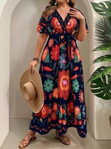 SHEIN Clasi Plus Size Tropical Vacation Abstract Art Print Cross V-Neck Belted Ruffle Hem Long Sun Dress - Navy Blue - View 3