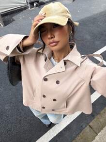 Muchica Women's Casual Solid Color Double Breasted A-Line Wind Jacket, Spring/Autumn - Khaki - View 6