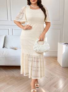 Modelyn Plus Size Summer Elegant Solid Color Lace Dress - Apricot - View 4