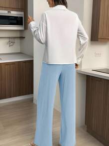 INAWLY 2pcs Plus Size Simple Long Sleeve Shirt And Long Pants Suit, Fashionable For Summer Fall Cloth For Women