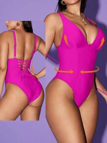 Shapewave Traje de baño de una pieza con control de abdomen, alza glúteos, cuello en V marrón terroso y paneles laterales divididos, para control de línea, elegante y minimalista, para vacaciones y playa en primavera y verano