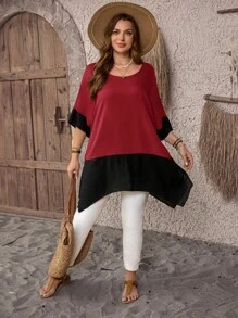 EMERY ROSE Blus Wanita Ukuran Besar Warna Burgundy dengan Jahitan Kontras, Kemeja Kasual Elegan Musim Gugur, Leher Bulat, Lengan Pendek, Longgar, Hem Asimetris, Belahan Samping, untuk Sehari-hari - Merah - View 5