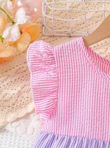 Elladie kids Young Girl Colorblock Striped Round Neck Cap Sleeve Casual Dress, Summer Girls Summer Dress Girls Pastel Dress Kids Ruffle Dress Rainbow Striped Dress Tiered Ruffle Dress, School, Campus, College - Multicolor - View 4