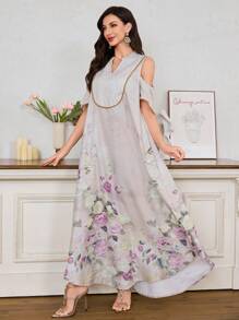 Al Najma 优雅蕾丝拼布蝴蝶印花露肩连衣裙 - 彩色 - 查看 4