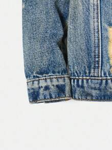 SHEIN 年轻男孩 2 件套时尚休闲蓝色镂空破洞磨损牛仔长袖夹克和弹性镂空破洞磨损设计紧身牛仔裤，适合日常穿着和男孩服装秋装 - 中等水洗藍 - 查看 3