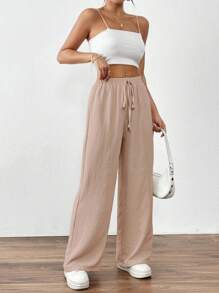 SHEIN Unity 女士休闲纯色腰带斜口袋直筒裤 - 藕粉色 - 查看 5