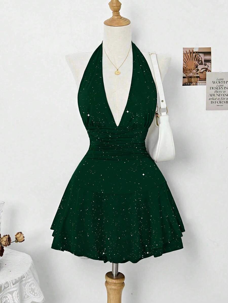 SHEIN Clasi 适合派对和节日的优雅女士闪亮露背连衣裙 - 墨綠色 - 查看 1