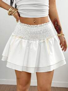 Coolane 女式夏秋季四季返校度假可爱 Y2K 蝴蝶结高腰弹力白色迷你裙 - 白色 - 查看 3