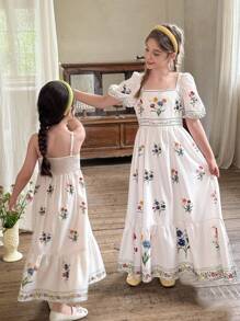 SHEIN LMoss Kids Young Girl Ditsy Floral Chiffon Slip Dress - White - View 6