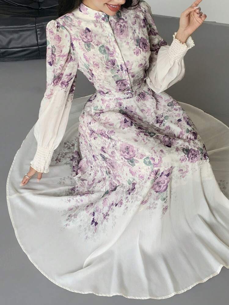 2pcs/Set Women Elegant Floral Print Dress Floral Dress Women White Floral Dress Purple Floral Dress Feminine Dress Korean Dress