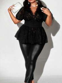 Plus Size Women V-Neck Lace Short Puff Sleeve Blouse - Black - View 3
