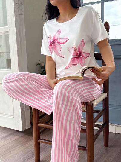 Women Girls Bloemen Print Short Sleeve Top Gestreepte Long Pants Pajama Set, Sets Lounge Pyjama Set Roze