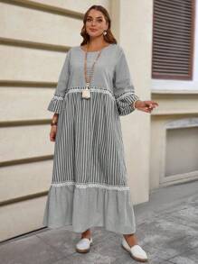 EMERY ROSE 大码冬季女士度假装女装条纹圆领喇叭袖荷叶边下摆宽松长款休闲连衣裙 - 黑與白 - 查看 6