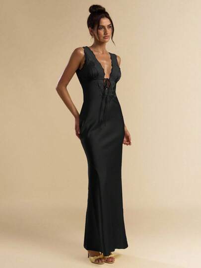 SHEIN BAE Women's Spring/Summer Solid Color Yellow Sexy Elegant V-Neck Lace Trim Lace-Up Satin Look Long Dress, Suitable For Valentine's Day, Party, Music Festival, Bridesmaid, Prom, Vacation, Yellow Dress,Black Dresses Classy Elegant,Wedding Guest Dress,Valentine's Day,Valentine Outfits For Women