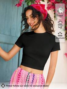 Tseoso 1 Pc Black Fitted Short Sleeve Round Neck Women T-Shirt  Retor Suitable For Going Out - Black - View 2