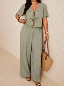 Elaquor 大码女式夏季纯色短袖系带衬衫和裤子两件套休闲装