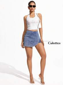 SHEIN Essnce Women's Summer Casual Washed Denim Wrap Shorts - Blue - View 6