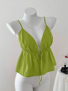 Elamini Women's Deep V-Neck Camisole With Tie At Waist And Ruffle Hem - Green - View 1