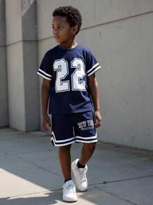 SHEIN Playful Pals 2pcs/Set Young Boy Sports Casual Round Neck Short Sleeve Numeric Print T-Shirt And Printed Sports Shorts Outfit With Tape Decor, Suitable For Spring/Summer Daily Wear, Sports, Outdoor, School, Party, Vacation
