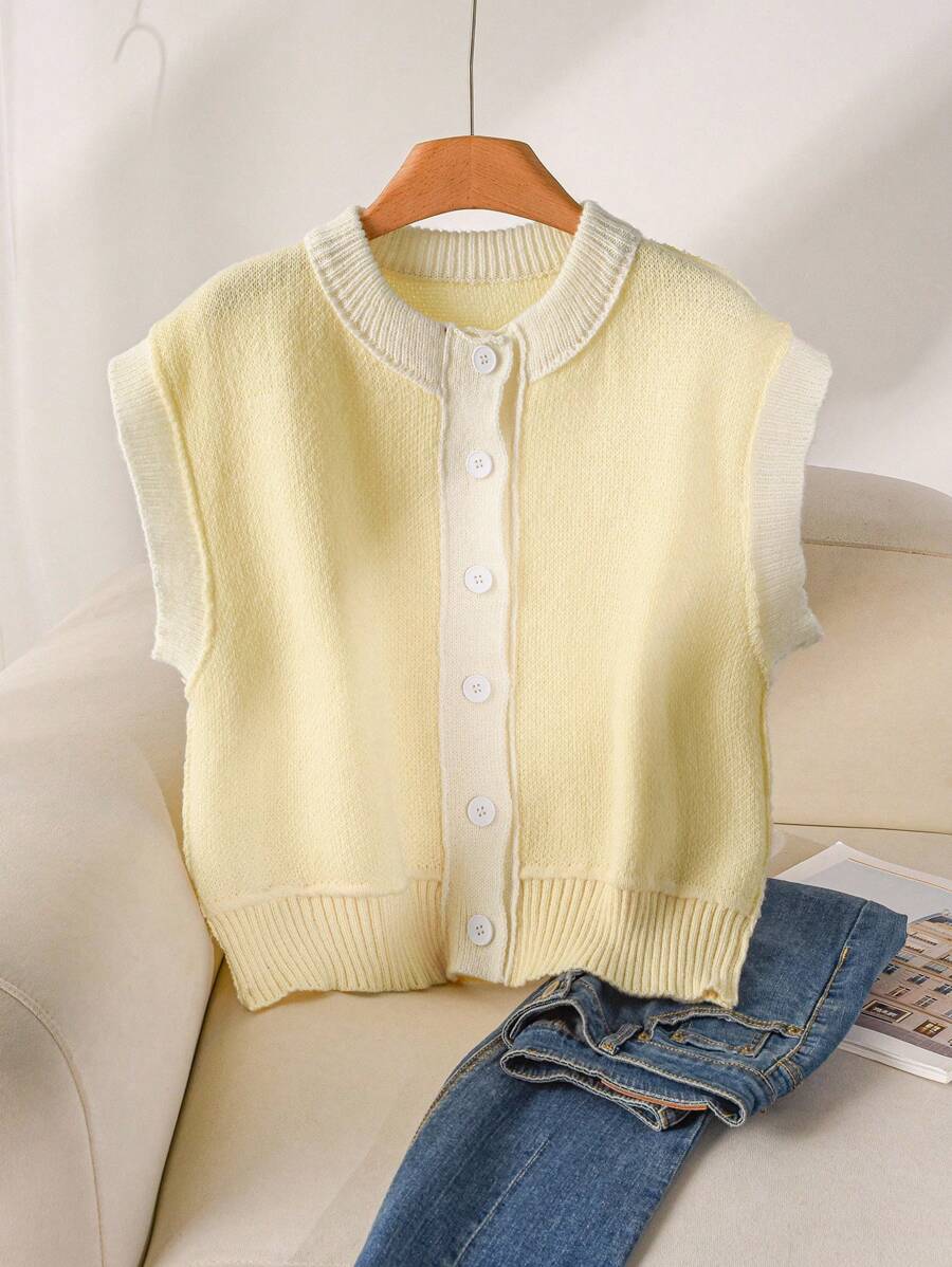 CosyJoli Plus Size Casual Color Blocking Round Neck Cropped Knitted Cardigan In Fall/Winter - Yellow - View 1