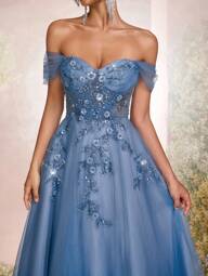 Glamrae Elegant lyxig 3D-broderad spets, paljettmönster, bara axlar i mesh, maxiklänning med stor utsvängd fåll och släp, lämplig för bröllop, fest, bankett (Heavy-Duty Edition)