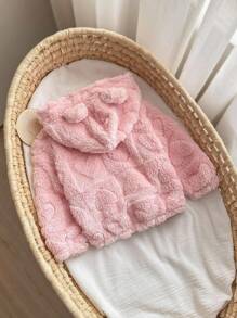 SHEIN Babygirl 毛绒粉色心形图案休闲百搭夹克，秋冬 - 粉色 - 查看 2