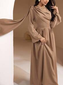 Veilorie Vestidos árabes con hebilla metálica asimétrica y dobladillo con onda - Marrón - Ver 2