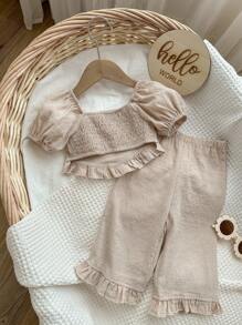 SHEIN Baby Girl Summer Casual Solid Color Short Sleeve Top & Pants 2pcs Set - Khaki - View 2
