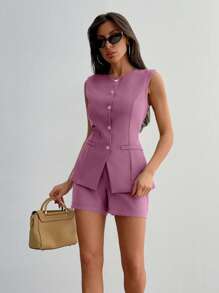 EURMUSE Set de 2 piezas de traje de negocios con top sin mangas de botones delanteros y shorts de unicolor - Rosa vieja - Ver 3