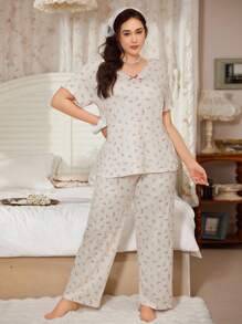 CottageSlumber CottageSlumber Cute Sweet Ditsy Floral Lace Collar & Bow Plus Size Women Short Sleeve Top And Pants Sleepwear Set, Soft And Comfortable Milk Silk Fabric, Outfits  Cozy And Elegant Details