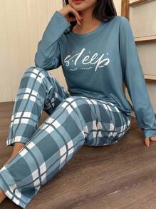 SHEIN 女士舒适针织睡衣套装，圆领设计，时尚格子印花，秋冬必备单品 - 彩色 - 查看 5