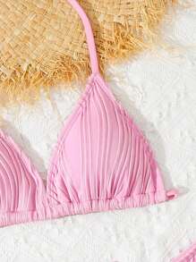 青少年女孩粉色比基尼三件套，包括细肩带三角形上衣设计，非常适合海滩度假 - 粉色 - 查看 4