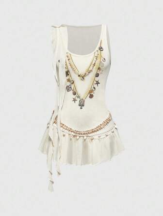 Grunge Punk Hip Y2K Baddie Asymmetric Ruffle Beaded Design Metal Decor Bodycon Cami Top
