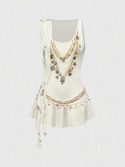 ROMWE Grunge Punk 时尚 Y2K Baddie 不对称褶饰串珠设计金属装饰紧身吊带背心