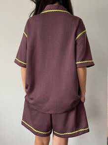 DAZY 2件套女士撞色波浪下摆装饰短袖短裤睡衣套装