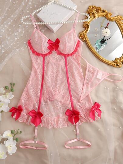 3pcs Set: Pink Lace Patchwork Bow Contrast Color Ruffle Hem Cute Sheer Chemise Dress + G-String + Leg Garter, Sexy Lingerie Pink