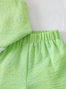 Elladie kids 女童纹理面料撞色下摆无袖上衣和休闲短裤T恤套装，幼儿女童两件套服装，女童绿色夏季套装 - 綠色 - 查看 7