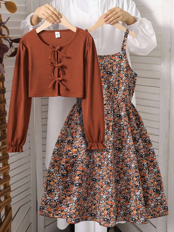Set de 2 piezas para niñas compuesto por un cárdigan de punto acanalado informal con decoración de lazo y un vestido camiseta con estampado floral sencillo, adecuado para primavera/otoño