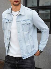 Manfinity Homme Men's Casual Daily Street Fashion Button Front Denim Jacket Light Blue Jean Jacket , Fall - Light Wash - View 4