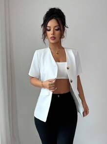 Selianne Women's Elegant White Summer Office Jacket,V-Neck Short Sleeve Contrast Lace Trim Cinched Waist Blazer,Suitable For Commuting,Dates & Daily Outings - White - View 4