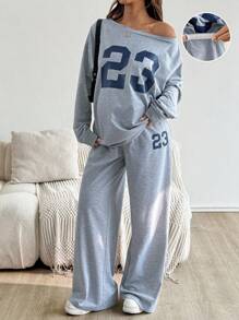 SHEIN 2pcs Set Maternity Casual Loose Number Print Top And Pants  Fall Women Clothes