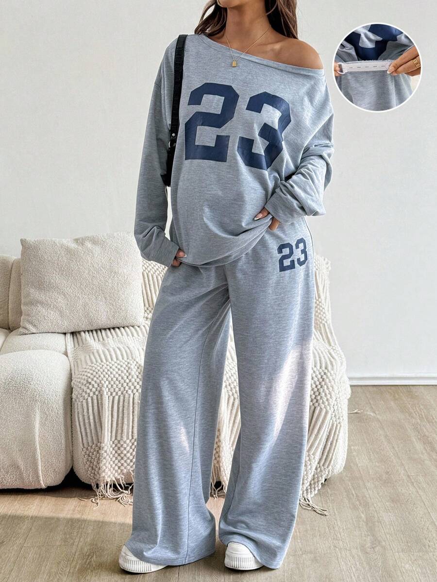 SHEIN 2pcs Set Maternity Casual Loose Number Print Top And Pants  Fall Women Clothes