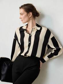 Uhlyne White Blouse,Business Casual,Work Wear Women,Office Outfits,Teacher Outfits For Women Collared Long Sleeve Striped Print Elegant Commuting Minimalist Women Shirt Fall Cloth For Women - Black - View 6