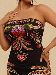 Travachic 大码女式夏季多色热带印花抹胸连衣裙，长款针织弹力连衣裙 - 黑色 - 查看 3