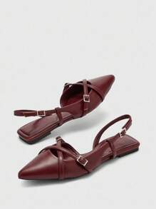CUCCOO BIZCHIC Women's Pointed Toe Wine Red Strap Buckle Backstrap Flat Shoes, Fashionable & Elegant For Work, Comfortable Mule Shoes For Christmas Spring Shoes - Burgundy - View 2