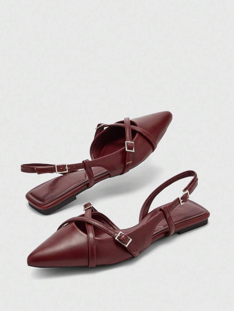 CUCCOO BIZCHIC Women's Pointed Toe Wine Red Strap Buckle Backstrap Flat Shoes, Fashionable & Elegant For Work, Comfortable Mule Shoes For Christmas Spring Shoes