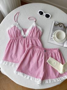 Comfortcana Bộ 2 món áo hai dây kẻ sọc và quần short ren giản dị mùa hè dành cho nữ - Đỏ - Xem 6