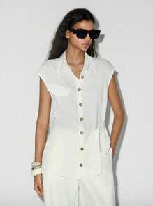 Lumivelle 女士休闲纯色系腰衬衫 - 杏色 - 查看 5